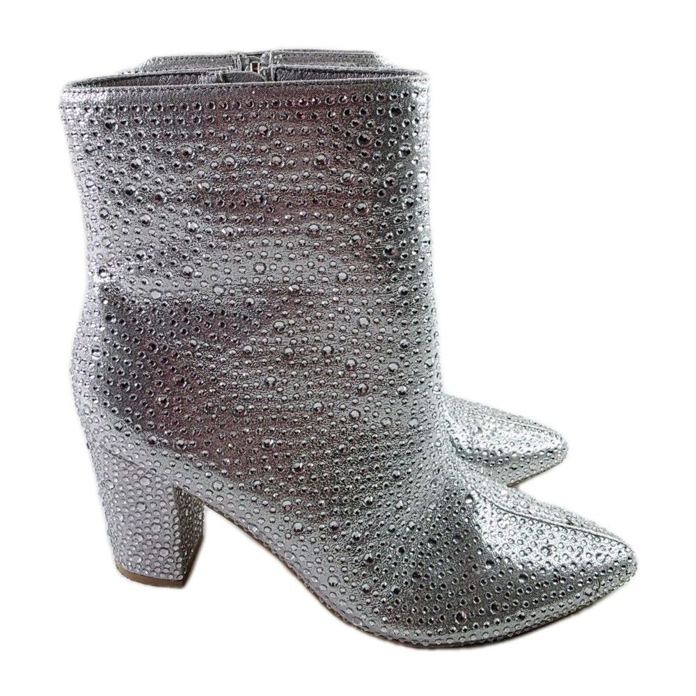 Rollda Silver Diamante Rhinestone Embellished Bling Ankle Boots Block Heel 8.5